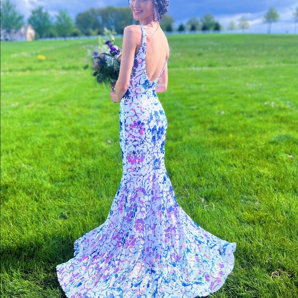 Jovani Ivory Purple Sequin Fitted Prom Dress